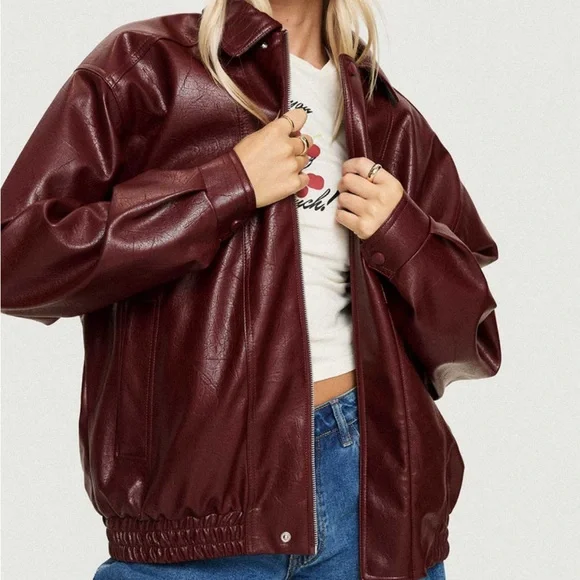 Princess Polly Faux Leather Jacket Burgundy - Picture 5 of 6